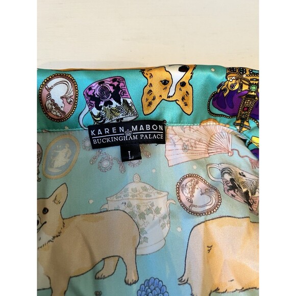 Karen Mabon Oh So Royal Turquoise Luxury Silk Pajama Set Corgi Queen Jewels L - Picture 4 of 5